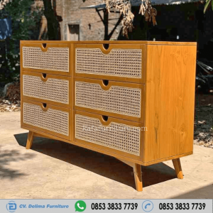 Bufet Munimalis Kayu Jati 6 Laci Rotan