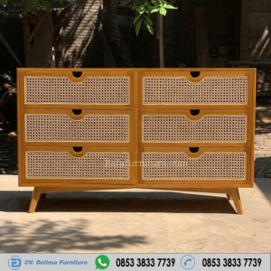 Harga Bufet Munimalis Kayu Jati 6 Laci Rotan