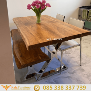 Meja Makan Kayu Besar Jati Kaki Stenlis