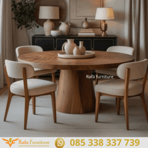 Set Meja Makan Kayu Solid Bundar 6 Kursi