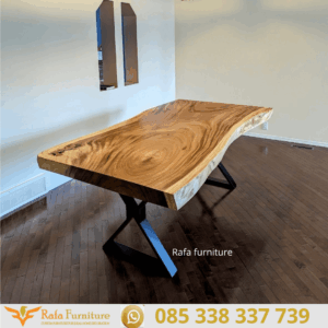Meja Makan Trembesi Solid Slab Kaki Besi X Modern