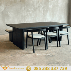 Meja Makan Kayu Solid Slat Hitam Bangku