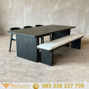 Harga Meja Makan Kayu Solid Slat Hitam Bangku