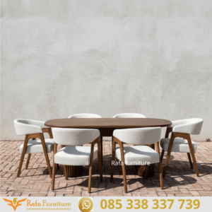 Set Meja Makan Oval Modern Kaki Slatted