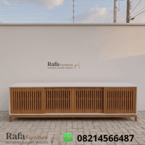 Meja Tv Kayu Jati Kombinasi Putih Slaur Minimalis Modern
