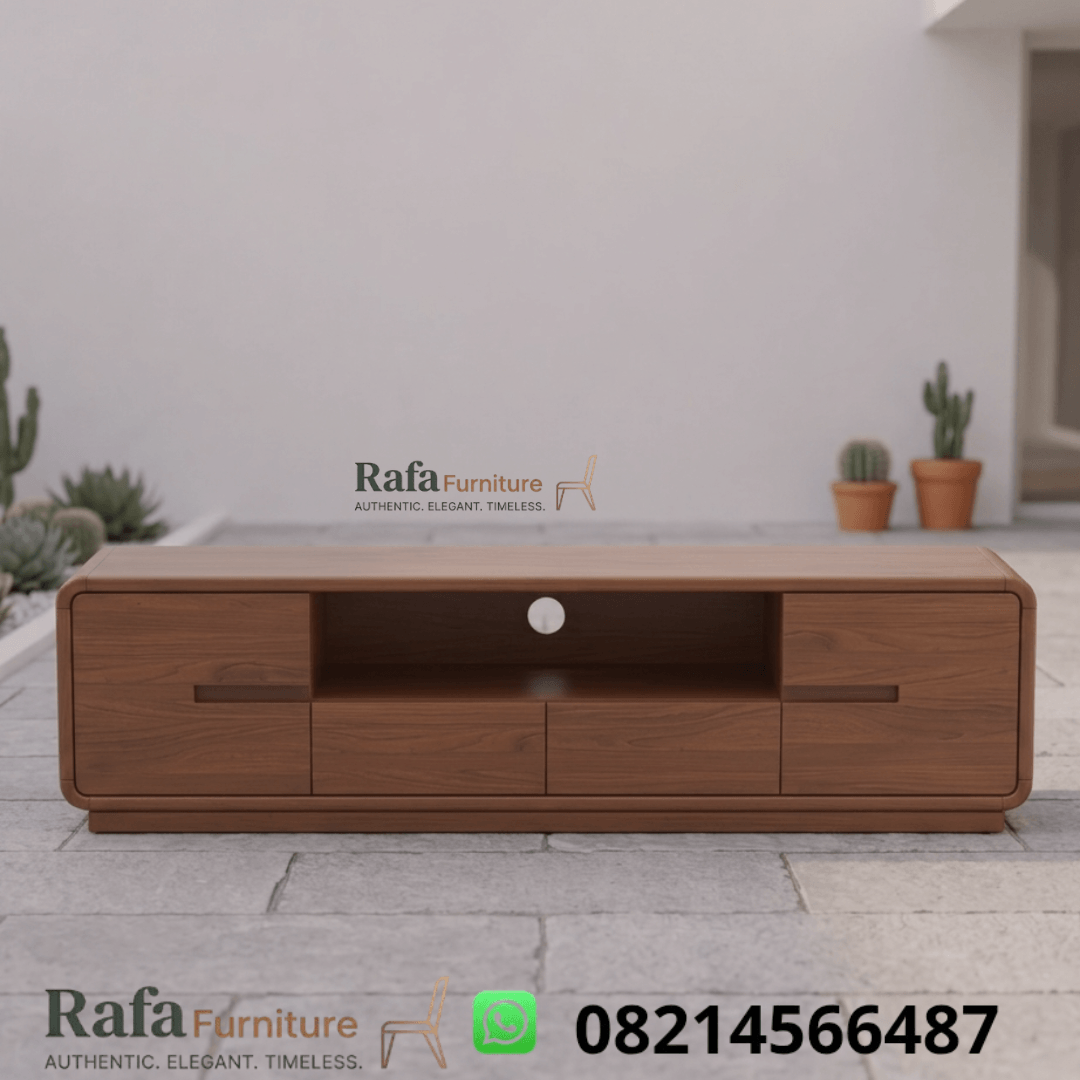 Meja TV Kayu Jati Rounded Minimalis Modern Handle Tanam Real