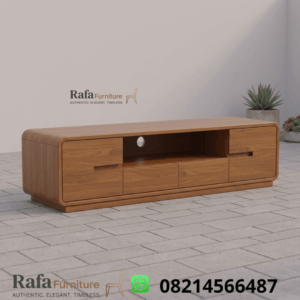 Meja TV Kayu Jati Rounded Minimalis Modern Handle Tanam