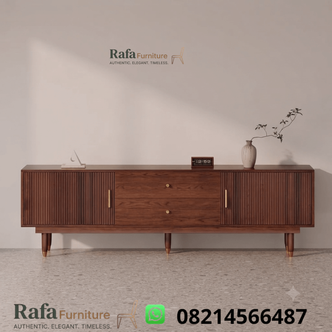 Meja TV Jati Fluted 2 Pintu 2 Laci Mid Century