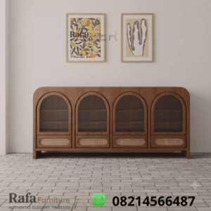 Bufet Jati Kaca & Rotan 4 Pintu Arch