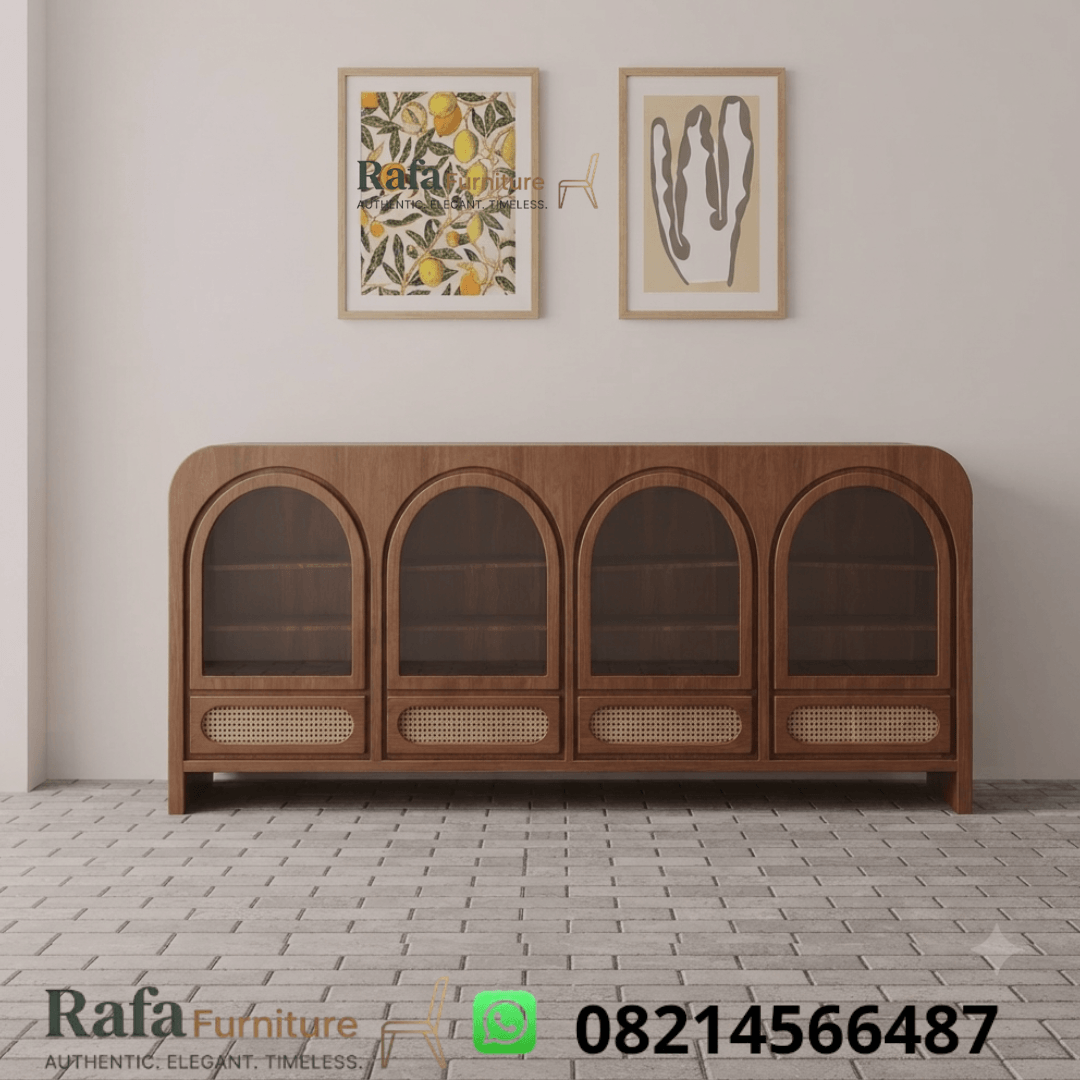 Bufet Jati Kaca & Rotan 4 Pintu Arch
